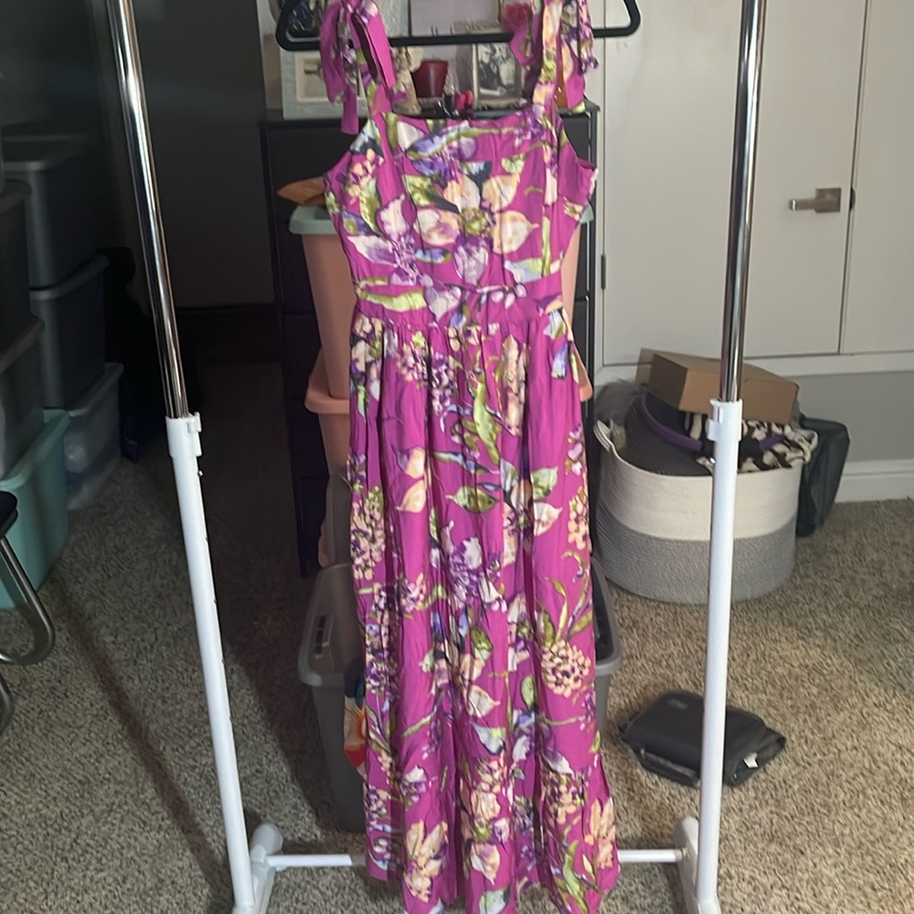 NWT RACHEL ZOE Long Floral Shoulder Tie Dress SZ Large.